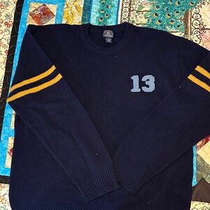 Lucky Brand- vintage Navy Blue 100% Lambswool Sweater with Yellow Stripes #13